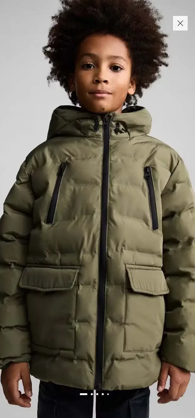 Mango Boys Pocket Quilted Hooded Puffer Jacket in Khaki Green
